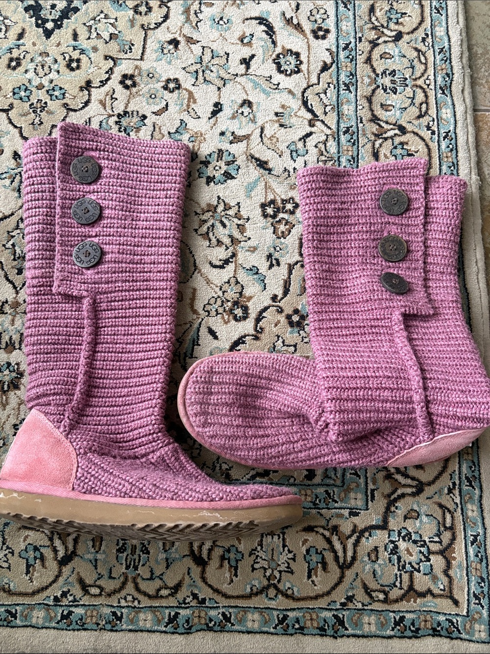 UGG Classic Cardy Button Knit Boots in Pink - Size 8